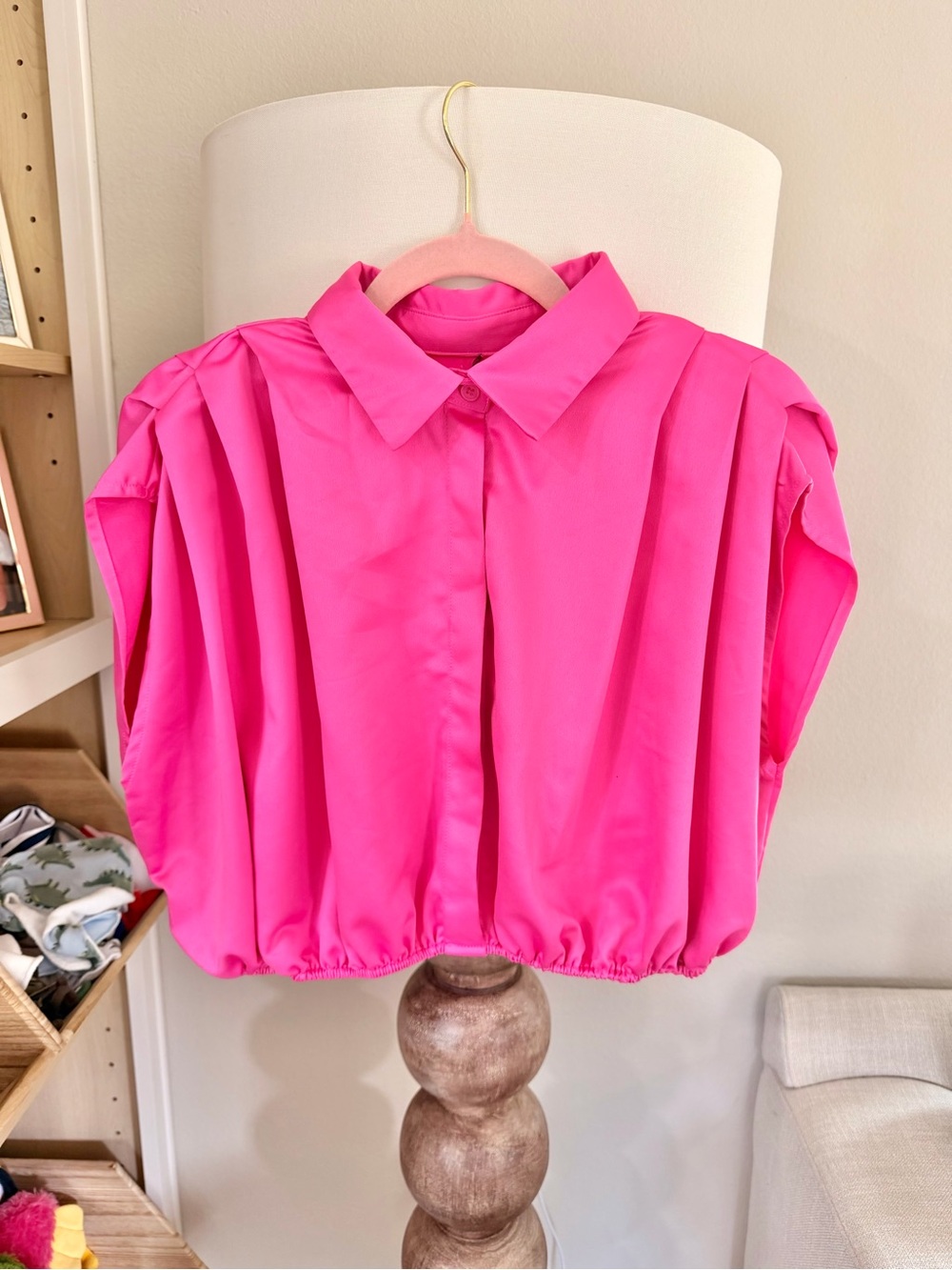 Bright Pink Short Sleeve Button-Front Blouse